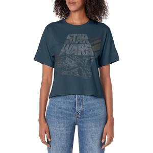 imageStar Wars Millennium Falcon 77 Retro Diagonal Stripe Disney Womens Crop TopDark Blue