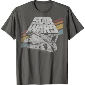 imageStar Wars Millennium Falcon 77 Retro Diagonal Stripe Disney TShirtAsphalt Grey