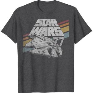 imageStar Wars Millennium Falcon 77 Retro Diagonal Stripe Disney TShirtDark Heather Grey