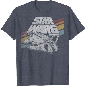 imageStar Wars Millennium Falcon 77 Retro Diagonal Stripe Disney TShirtHeather Blue