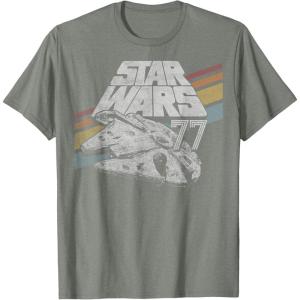 imageStar Wars Millennium Falcon 77 Retro Diagonal Stripe Disney TShirtOlive Heather