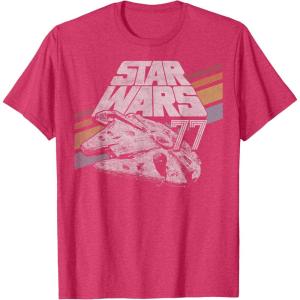 imageStar Wars Millennium Falcon 77 Retro Diagonal Stripe Disney TShirtRed Heather