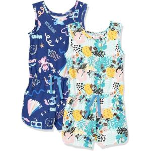 imageAmazon Essentials Disney  Marvel  Star Wars  Frozen  Princess Girls and Toddlers Knit Sleeveless Rompers Pack of 2Tropical Stitch