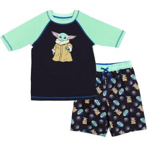 imageSTAR WARS The Mandalorian The Child Pullover Rash Guard and Swim Trunks Outfit Set Little Kid to Big KidBlack