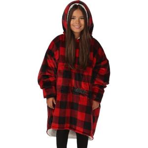 imageTHE COMFY Original Jr  Sherpa Lined Microfiber Fleece Wearable Blanket for Kids Oversized Design with Hood and Pocket from Shark Tank Warm and Cozy Gifts for ChildrenRed Plaid
