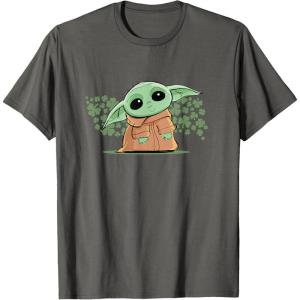 imageStar Wars Grogu and Lucky Green Shamrocks St Patricks Day TShirtAsphalt Grey