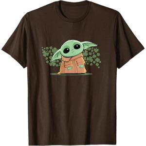 imageStar Wars Grogu and Lucky Green Shamrocks St Patricks Day TShirtBrown