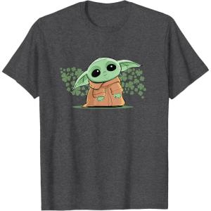 imageStar Wars Grogu and Lucky Green Shamrocks St Patricks Day TShirtDark Heather Grey