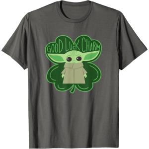 imageStar Wars Grogu Good Luck Charm Clover St Patricks Day TShirtAsphalt Grey