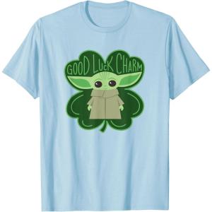 imageStar Wars Grogu Good Luck Charm Clover St Patricks Day TShirtBaby Blue