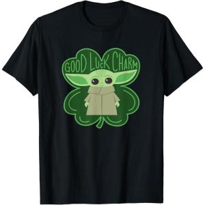 imageStar Wars Grogu Good Luck Charm Clover St Patricks Day TShirtBlack