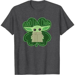 imageStar Wars Grogu Good Luck Charm Clover St Patricks Day TShirtDark Heather Grey