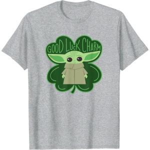 imageStar Wars Grogu Good Luck Charm Clover St Patricks Day TShirtHeather Grey