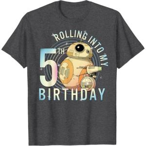 imageStar Wars BB8 ampamp DO Rolling Into My 5th Birthday TShirtDark Heather Grey