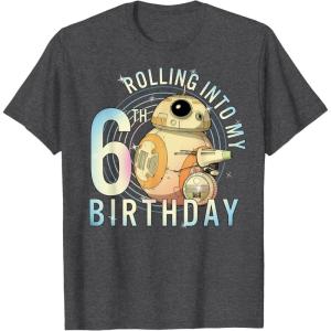 imageStar Wars BB8 ampamp DO Rolling Into My 6th Birthday TShirtDark Heather Grey