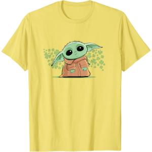 imageStar Wars Grogu and Lucky Green Shamrocks St Patricks Day TShirtLemon Yellow