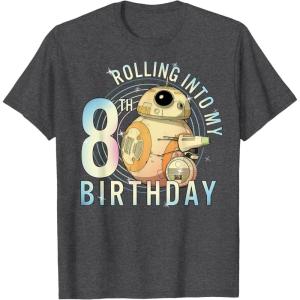 imageStar Wars BB8 ampamp DO Rolling Into My 8th Birthday TShirtDark Heather Grey