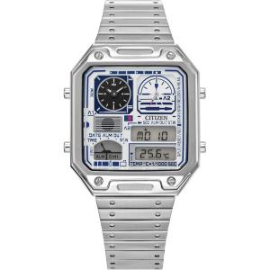 imageCitizen Mens Star Wars Vintage AnaDigi Quartz Stainless Steel Watch RectangularR2D2Silver Blue
