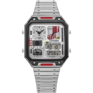 imageCitizen Mens Star Wars Vintage AnaDigi Quartz Stainless Steel Watch RectangularRebel Pilot Silver ToneRed