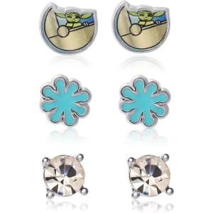 imageDisney Star Wars The Mandalorian Stud Earrings Pack 3 Pairs Official License Grogu Starflower and Rhinestone Studs