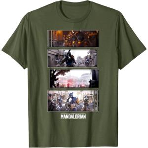 imageStar Wars The Mandalorian Action Packed Vintage Frames TShirtOlive Green