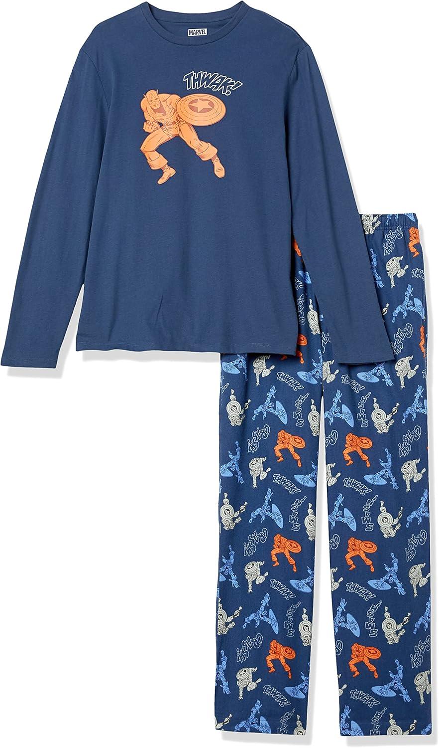 imageAmazon Essentials Disney  Marvel  Star Wars Mens Flannel Pajama Sleep SetsMarvel Captain America