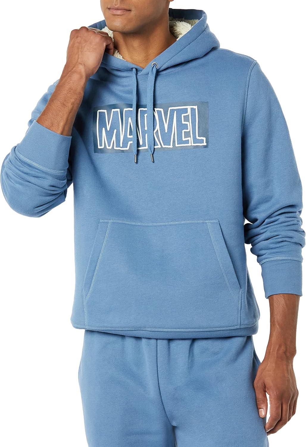 imageAmazon Essentials Disney  Marvel  Star Wars Mens SherpaLined Pullover Hoodie SweatshirtMarvel Logo