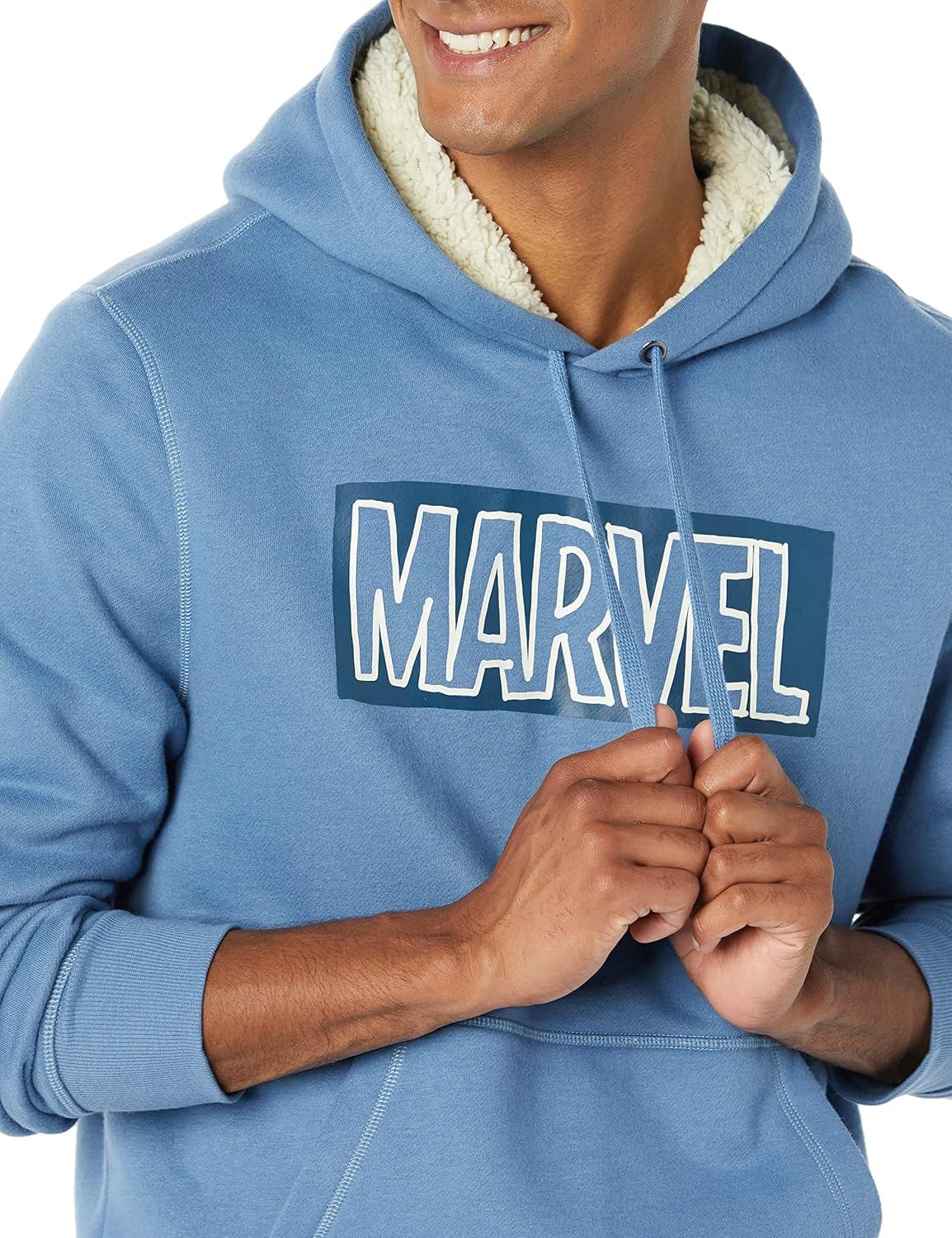 imageAmazon Essentials Disney  Marvel  Star Wars Mens SherpaLined Pullover Hoodie SweatshirtMarvel Logo