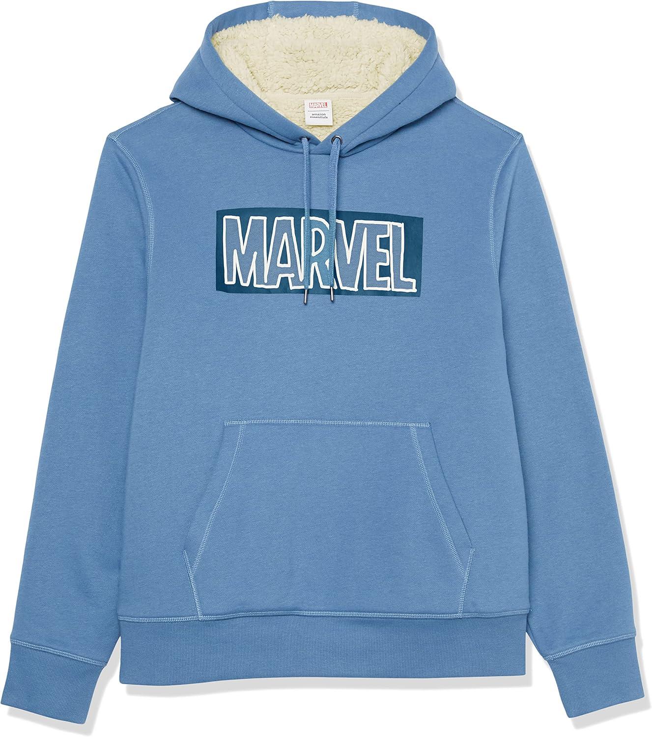 imageAmazon Essentials Disney  Marvel  Star Wars Mens SherpaLined Pullover Hoodie SweatshirtMarvel Logo