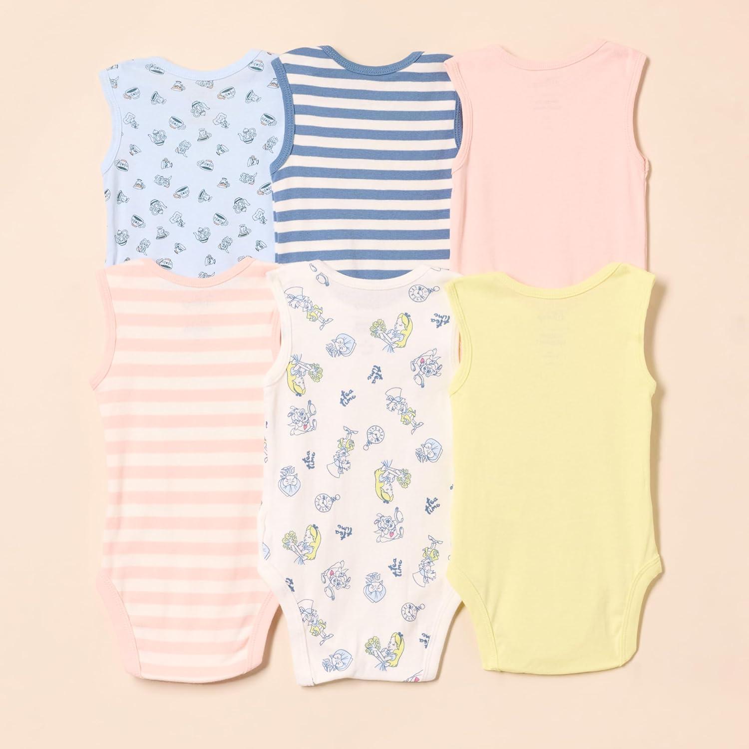 imageAmazon Essentials Disney  Star Wars  Princess Baby Girls Sleeveless Bodysuits Pack of 6Alice Tea Party