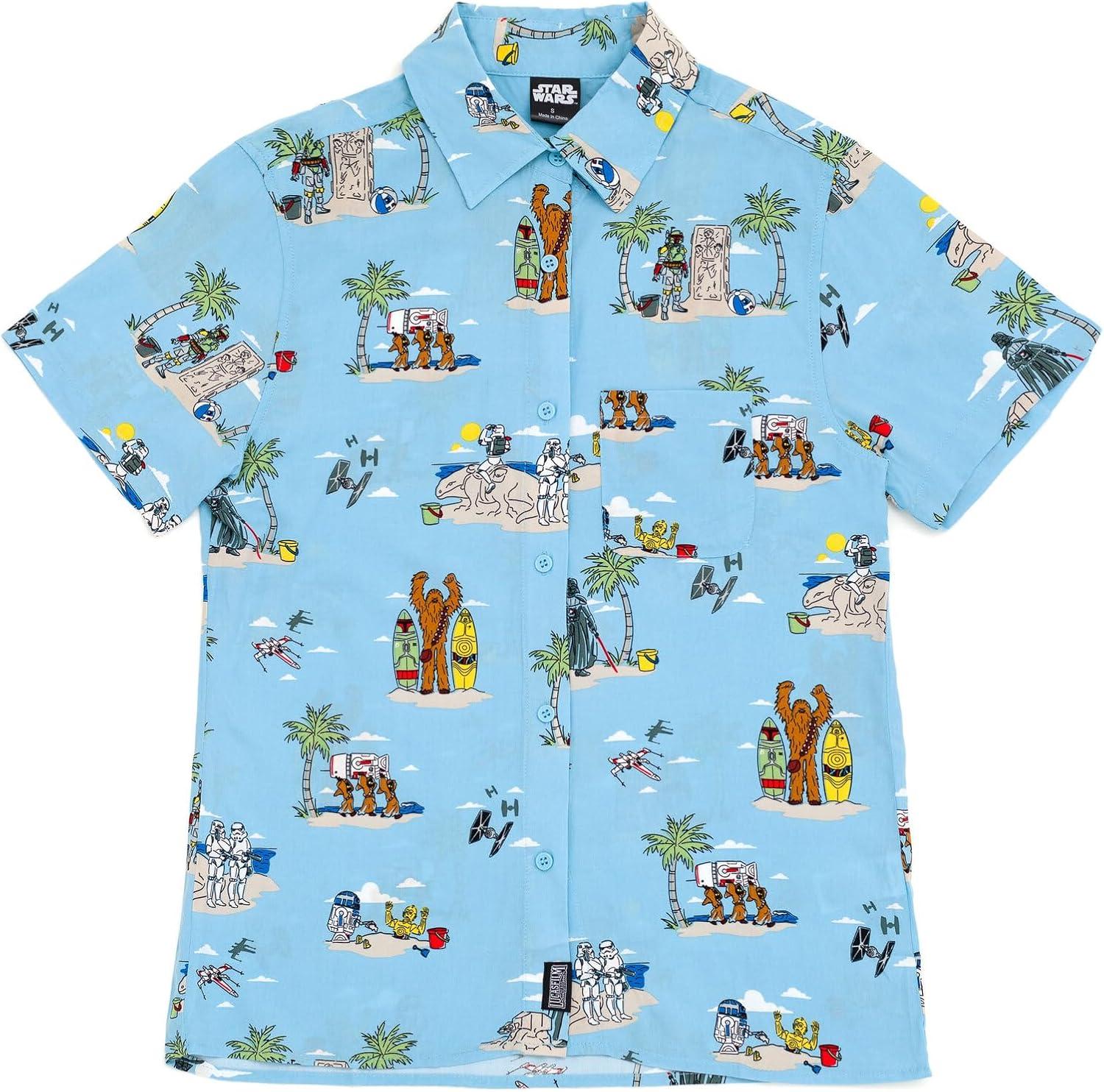 imageSTAR WARS Chewbacca Darth Vader R2D2 Stormtrooper TIE Fighter XWing Matching Family Hawaiian Button Down Shirt AdultBlue Island  Button Down