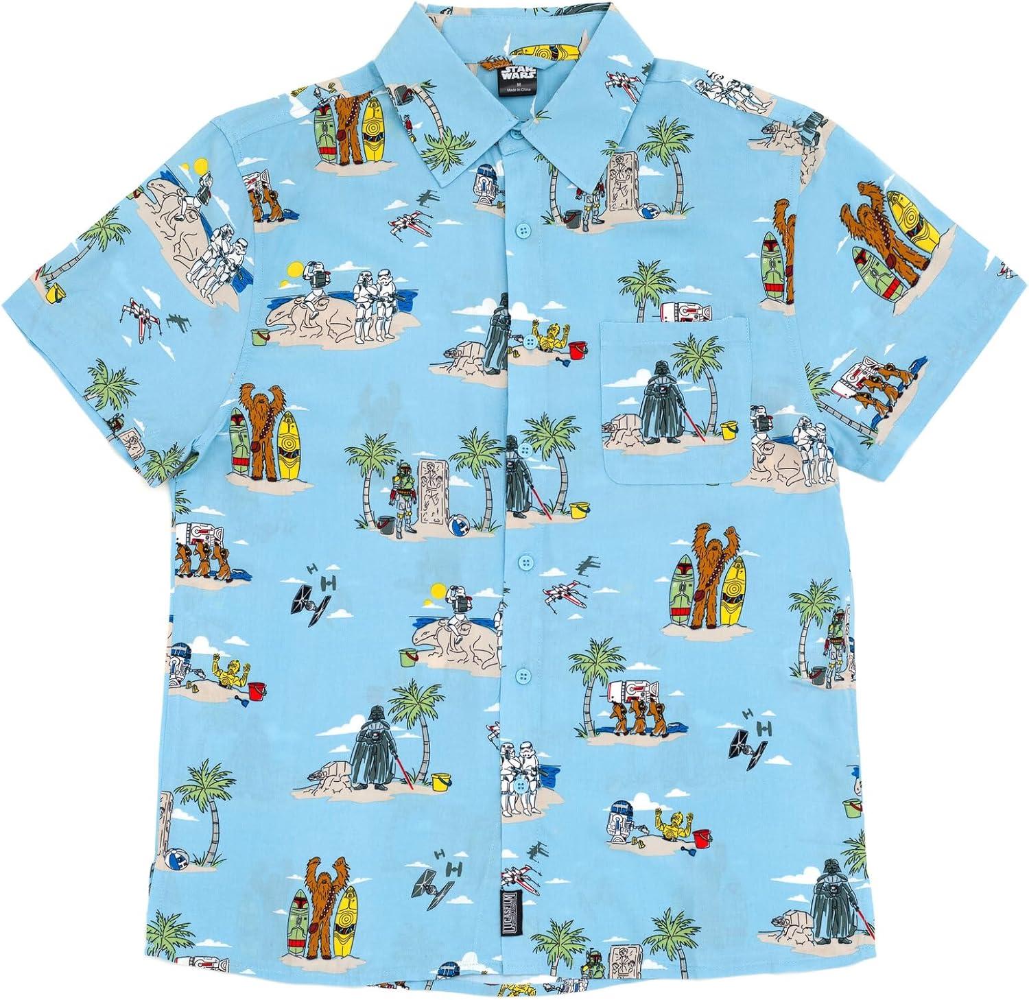 imageSTAR WARS Chewbacca Darth Vader R2D2 Stormtrooper TIE Fighter XWing Matching Family Hawaiian Button Down Shirt AdultBlue Island  Button Down