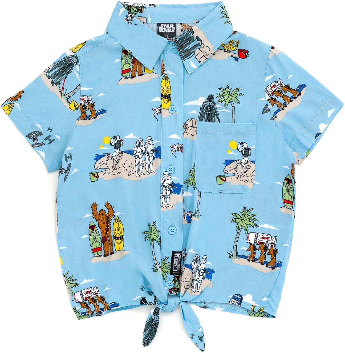 imageSTAR WARS Chewbacca Darth Vader R2D2 Stormtrooper TIE Fighter XWing Matching Family Hawaiian Button Down Shirt AdultBlue Island  Button Down W Front Tie