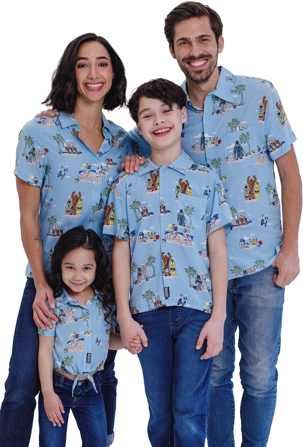 imageSTAR WARS Chewbacca Darth Vader R2D2 Stormtrooper TIE Fighter XWing Matching Family Hawaiian Button Down Shirt AdultBlue Island Shorts Set