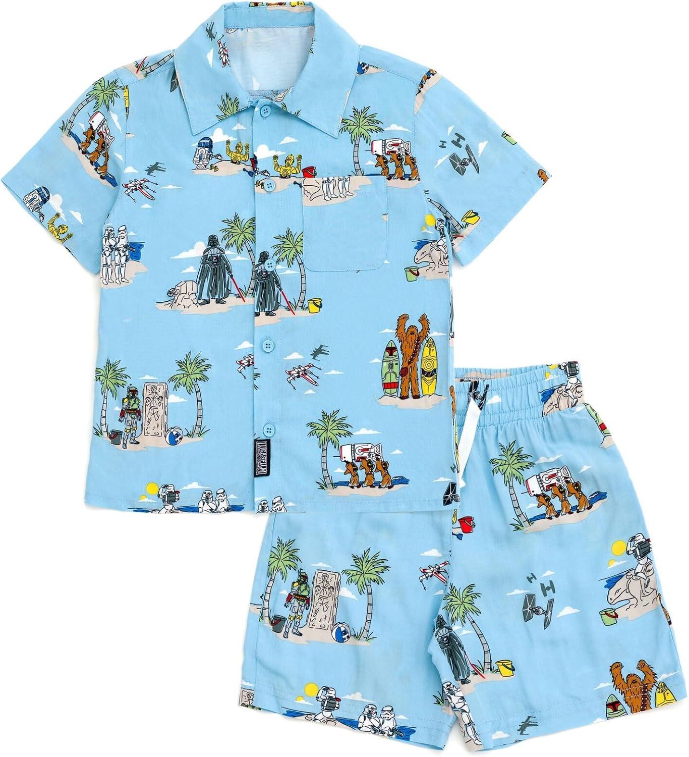 imageSTAR WARS Chewbacca Darth Vader R2D2 Stormtrooper TIE Fighter XWing Matching Family Hawaiian Button Down Shirt AdultBlue Island  Shorts Set