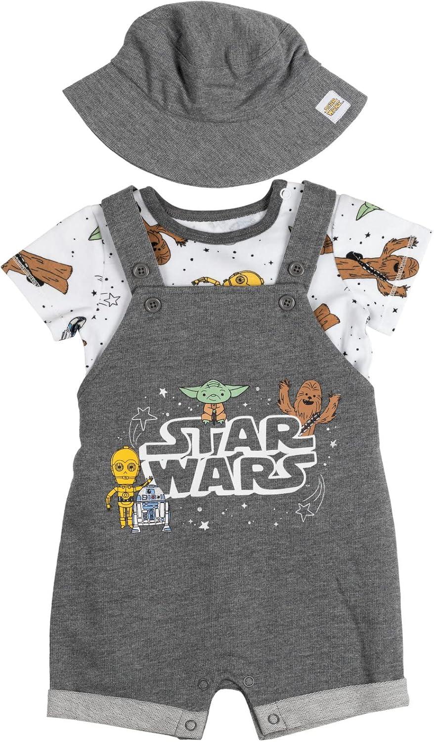 imageSTAR WARS Chewbacca R2D2 Yoda Baby French Terry Short Overalls TShirt and Hat 3 Piece Outfit Set Newborn to InfantGrey