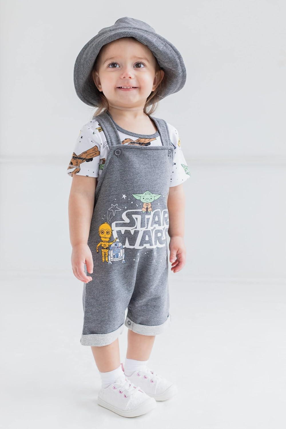 imageSTAR WARS Chewbacca R2D2 Yoda Baby French Terry Short Overalls TShirt and Hat 3 Piece Outfit Set Newborn to InfantGrey