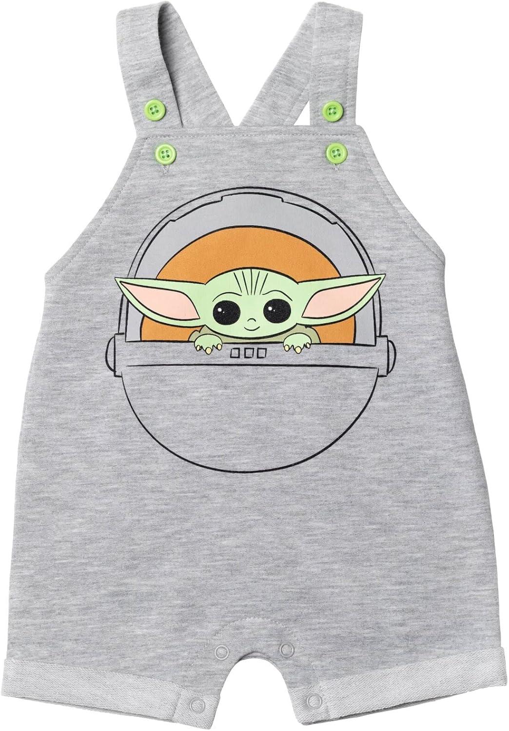 imageSTAR WARS Chewbacca R2D2 Yoda Baby French Terry Short Overalls TShirt and Hat 3 Piece Outfit Set Newborn to InfantGrogu  Gray