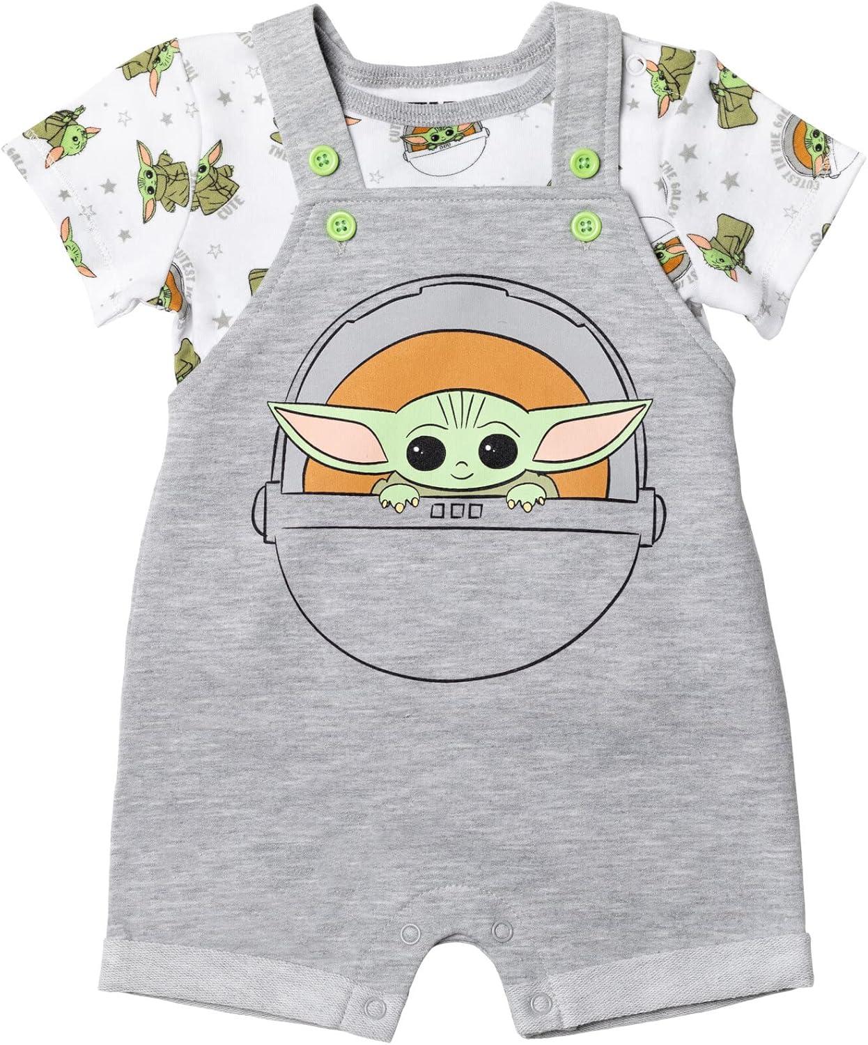 imageSTAR WARS Chewbacca R2D2 Yoda Baby French Terry Short Overalls TShirt and Hat 3 Piece Outfit Set Newborn to InfantGrogu  Gray