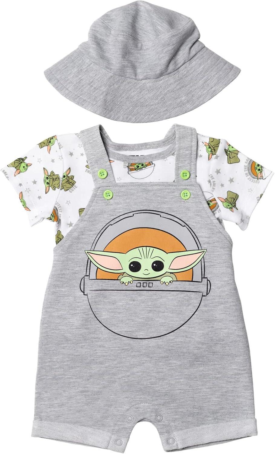 imageSTAR WARS Chewbacca R2D2 Yoda Baby French Terry Short Overalls TShirt and Hat 3 Piece Outfit Set Newborn to InfantGrogu  Gray