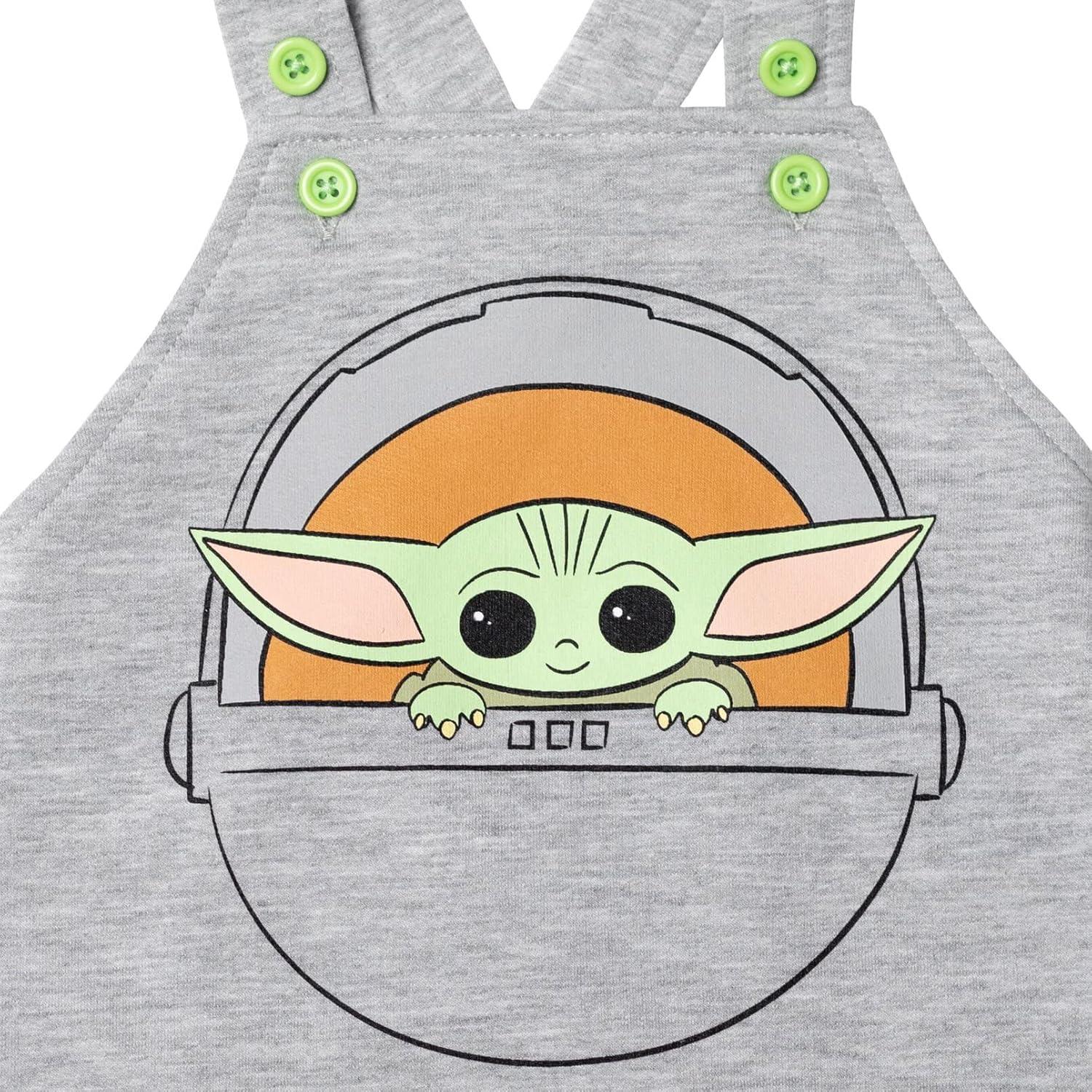 imageSTAR WARS Chewbacca R2D2 Yoda Baby French Terry Short Overalls TShirt and Hat 3 Piece Outfit Set Newborn to InfantGrogu  Gray