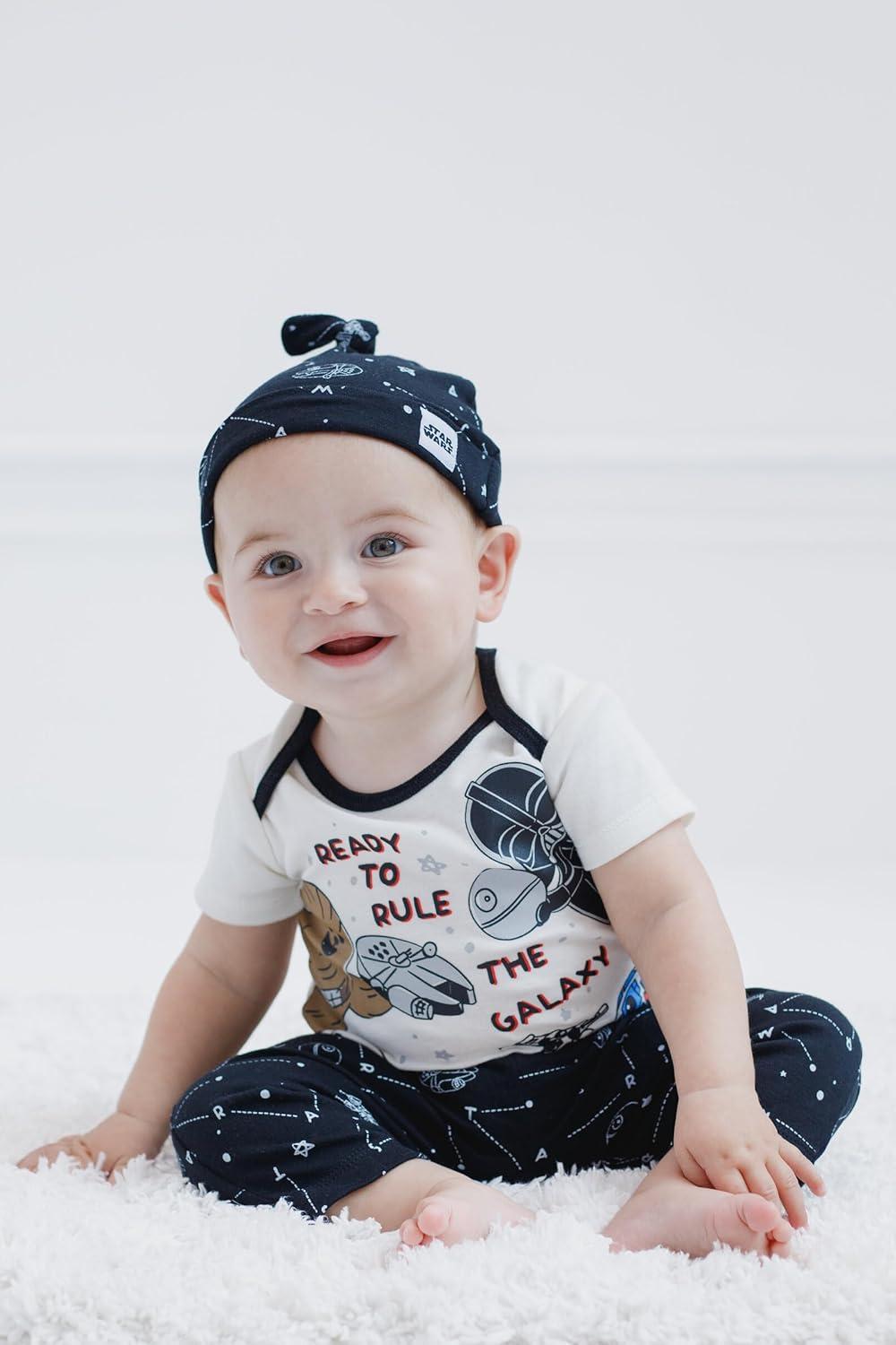 imageSTAR WARS Millennium Falcon Chewbacca Darth Vader Baby 3 Piece Outfit Set Cuddly Bodysuit Pants Hat Newborn to InfantWhite  Black