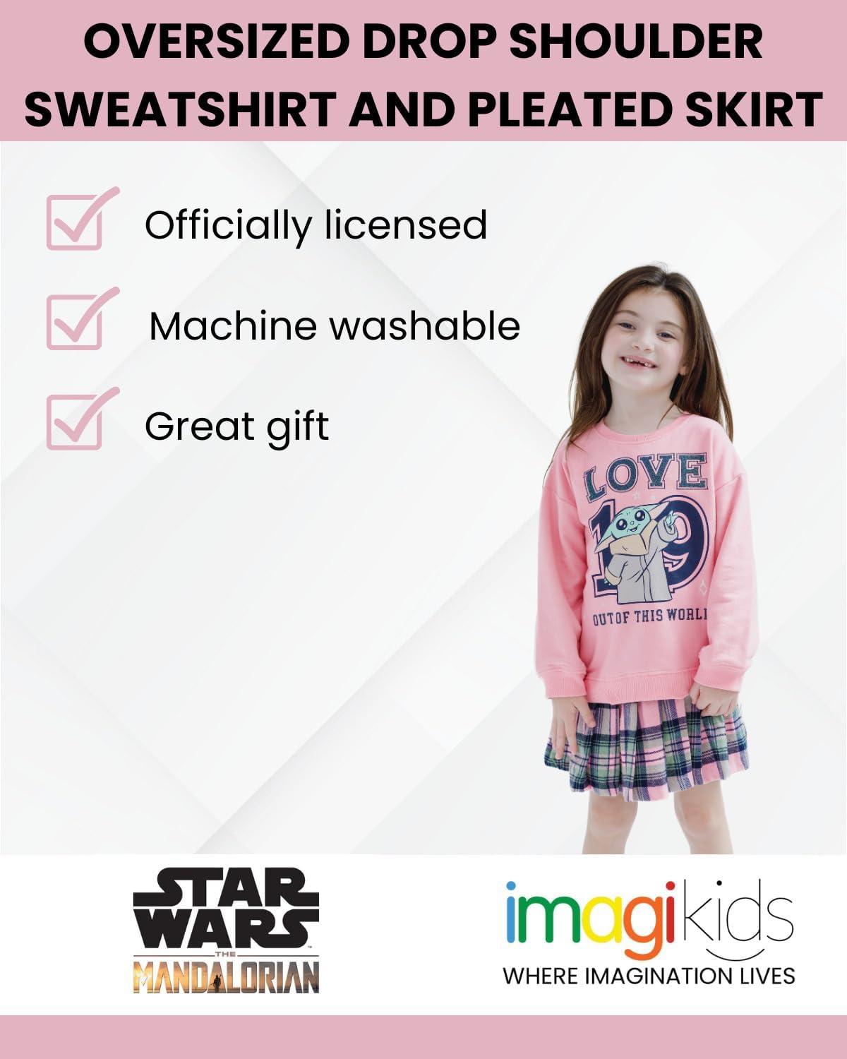 imageSTAR WARS The Mandalorian Grogu Girls Fleece Drop Shoulder Sweatshirt ampamp Pleated Skirt Toddler to Big Kid Sizes 2T  1416Pink