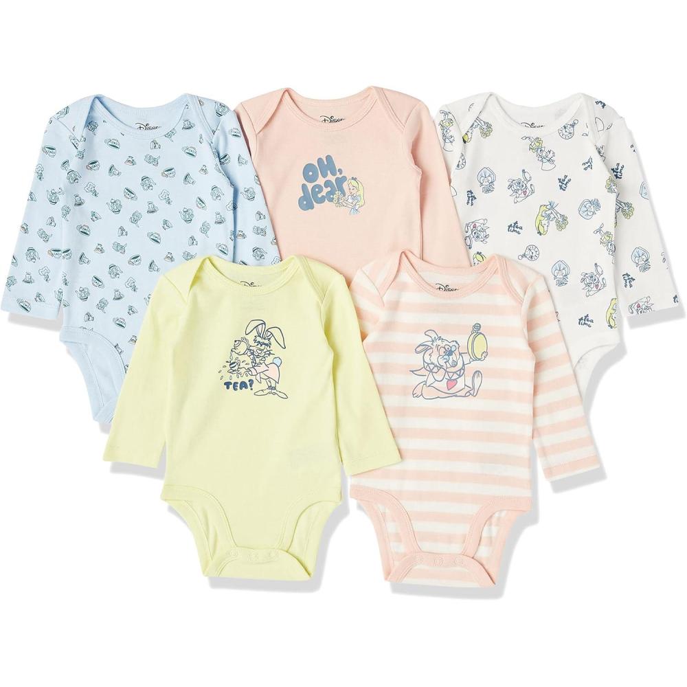 imageAmazon Essentials Disney  Marvel  Star Wars  Princess Baby Girls LongSleeve Bodysuits Pack of 5Alice Tea Party
