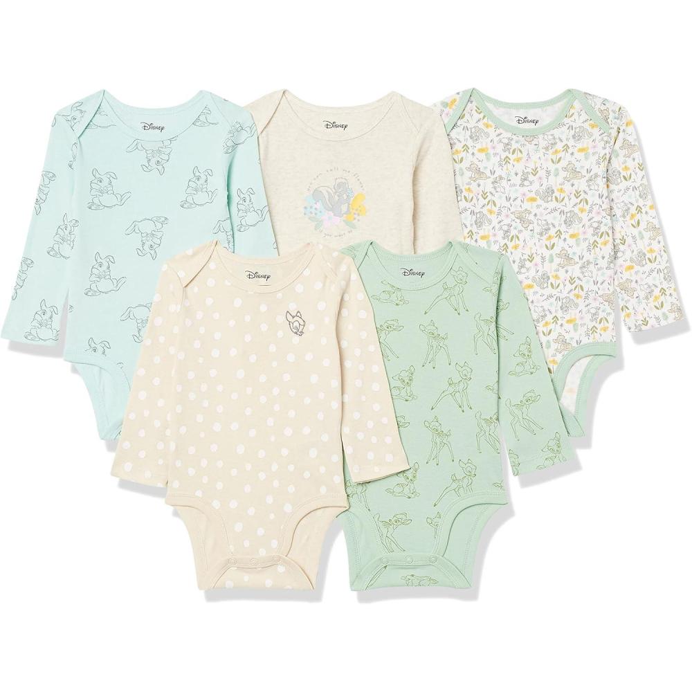 imageAmazon Essentials Disney  Marvel  Star Wars  Princess Baby Girls LongSleeve Bodysuits Pack of 5Bambi Nature
