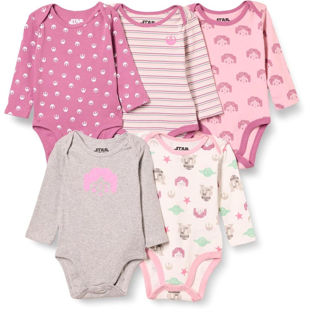 imageAmazon Essentials Disney  Marvel  Star Wars  Princess Baby Girls LongSleeve Bodysuits Pack of 5Star Wars Tiny Rebel