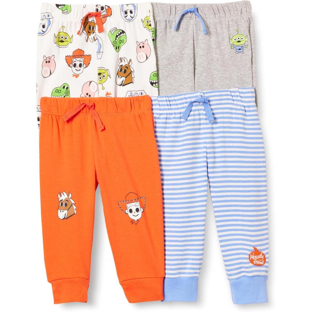 imageAmazon Essentials Disney  Marvel  Star Wars Baby Boys Pants Pack of 4Blue StripeGreyOrangeWhite Toy Story Friends