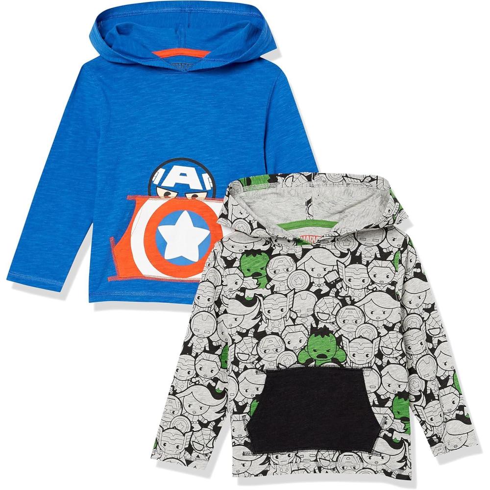 imageAmazon Essentials Disney  Marvel  Star Wars Boys and Toddlers Lightweight Hooded LongSleeve TShirts Pack of 2Marvel Captain America