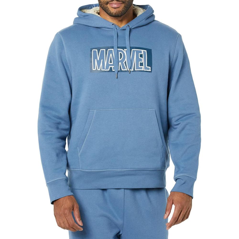 imageAmazon Essentials Disney  Marvel  Star Wars Mens SherpaLined Pullover Hoodie SweatshirtMarvel Logo