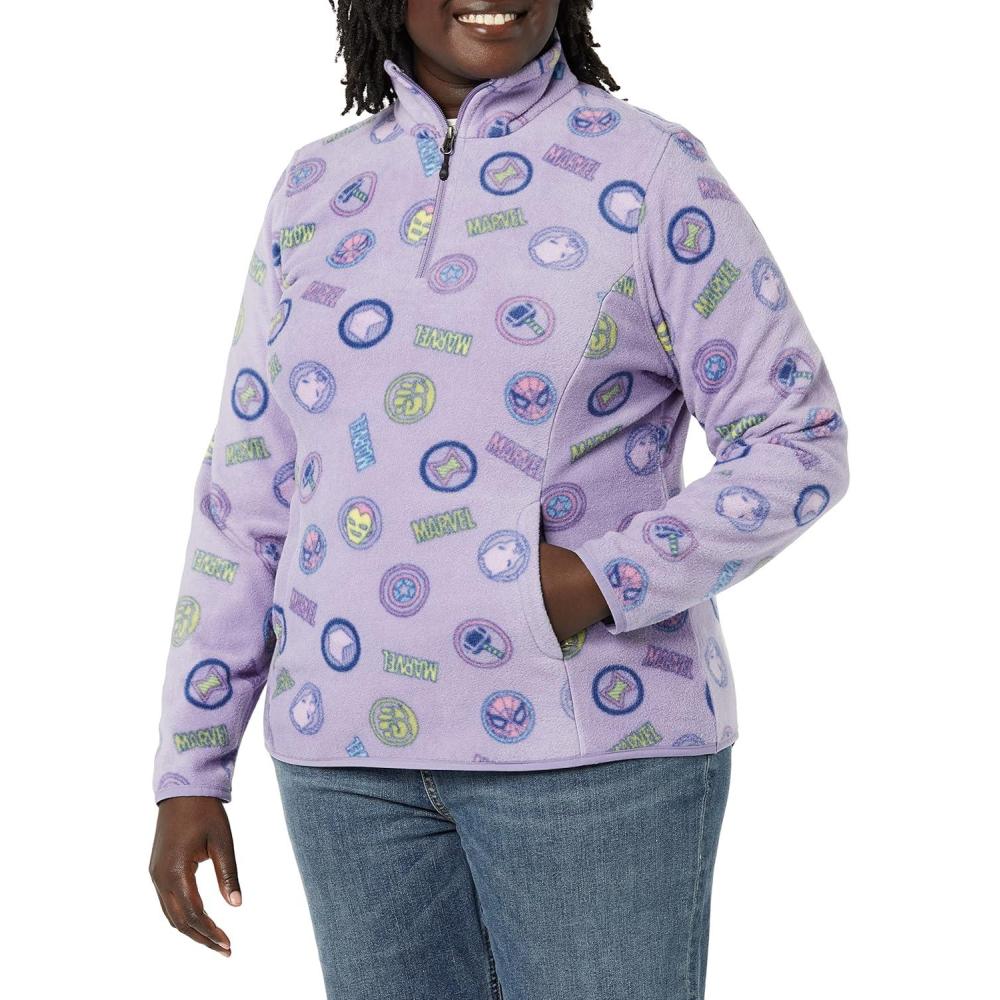 imageAmazon Essentials Disney  Marvel  Star Wars Womens Polar Fleece QuarterZip Mock JacketsMarvel Logo